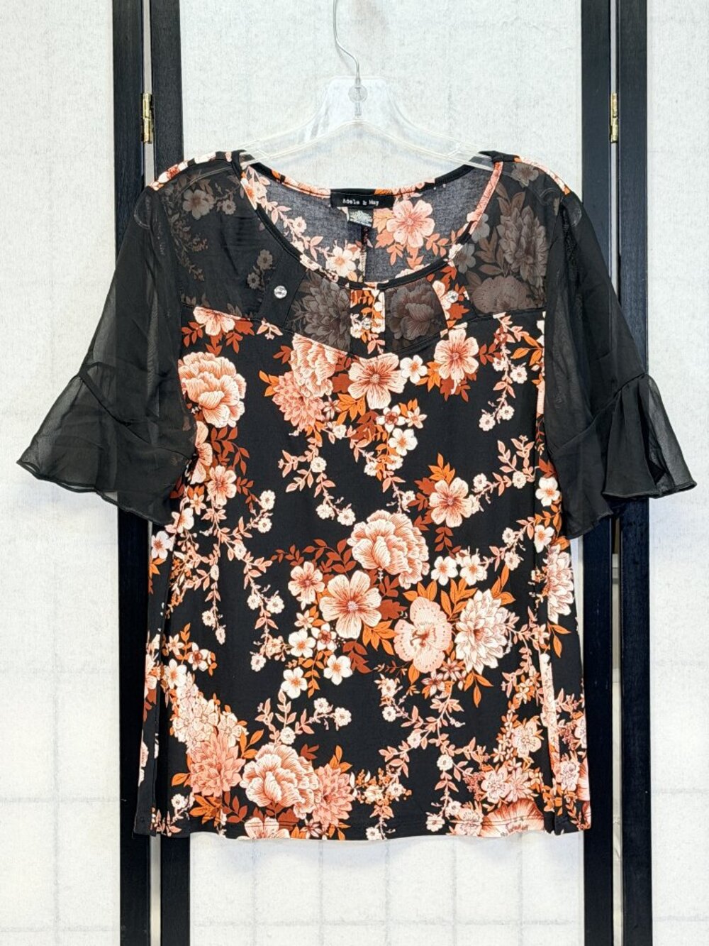 Adele & May Caged Mesh Scoop Neck Floral Top XL Pull On Sheer Ruffle Sleeve